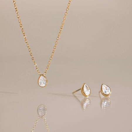 Simple Droplet Stainless Steel Waterproof Gold Color Zircon Women's Necklaces Sets