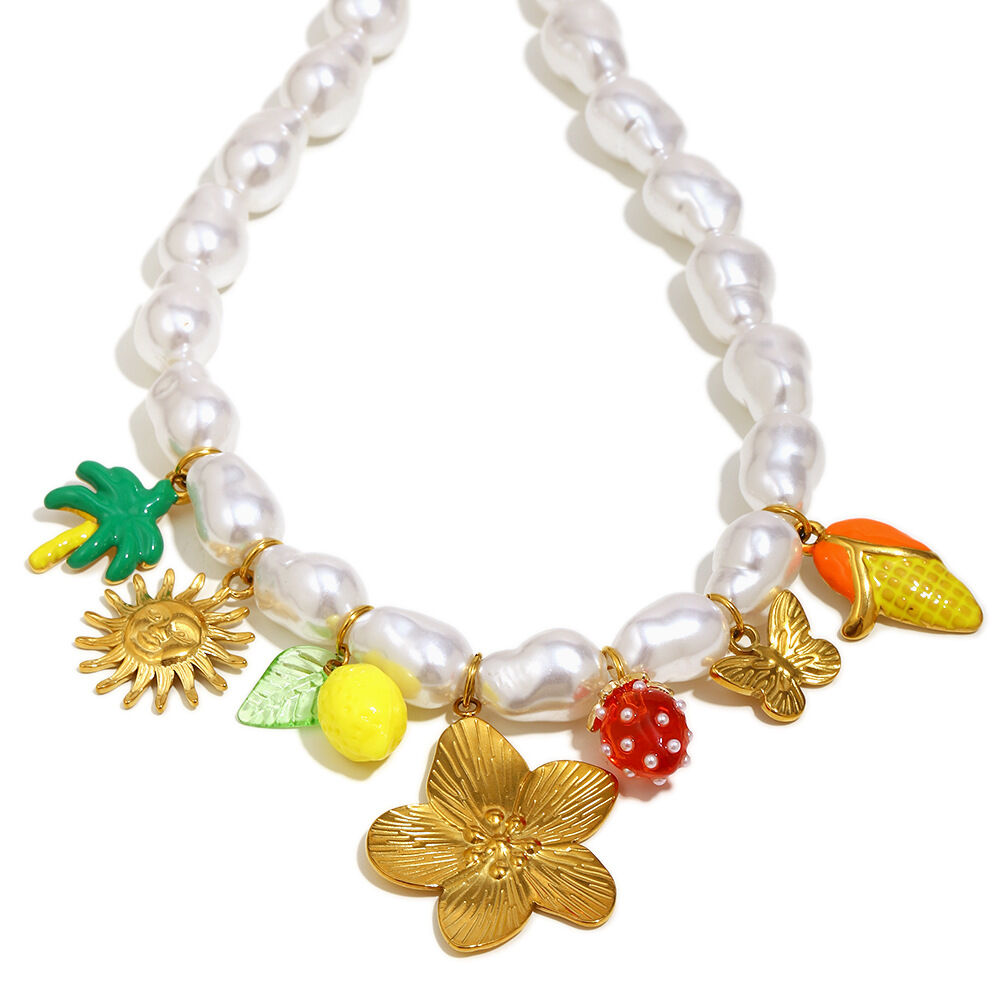 Collane da donna con perline, fiori e frutta in acciaio inossidabile, perle artificiali e decorazioni a tema vacanze. Immagine4