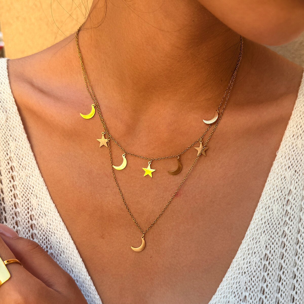 Simple Retro Daily Star Moon Stainless Steel Waterproof   Gold Color  Women's Pendant Necklaces 2
