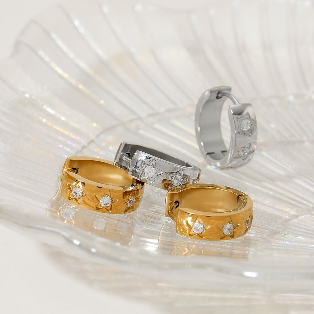 Simple Series Star Stainless Steel Waterproof Gold Color Rhinestone Women's Hoop Earrings Picture2