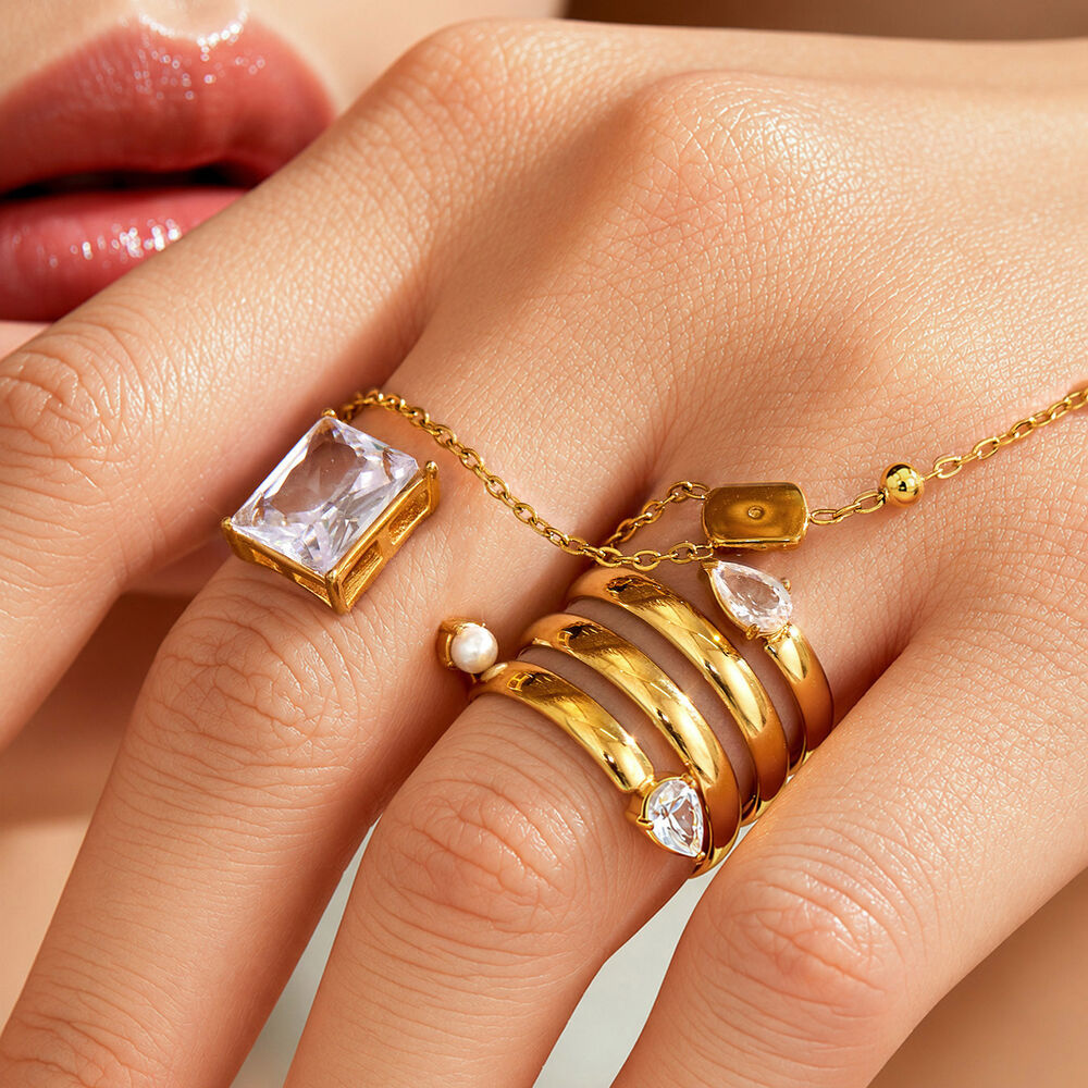 Luxuriöse Serie: Schlichter, tropfenförmiger, rechteckiger Edelstahlring für Damen, wasserdicht, goldfarben, mit Zirkonia h5Bild3
