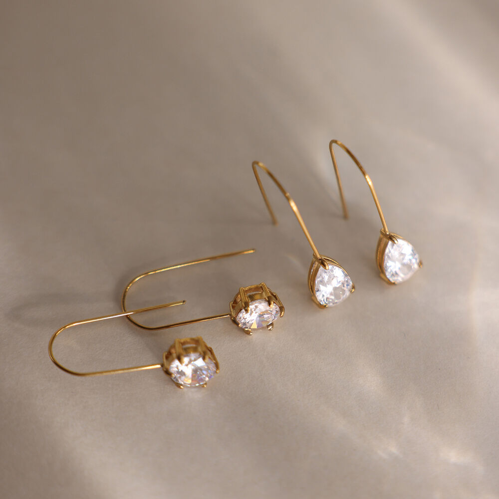 Simple Droplet Stainless Steel Waterproof Gold Color Zircon Women's Stud Earrings Picture3