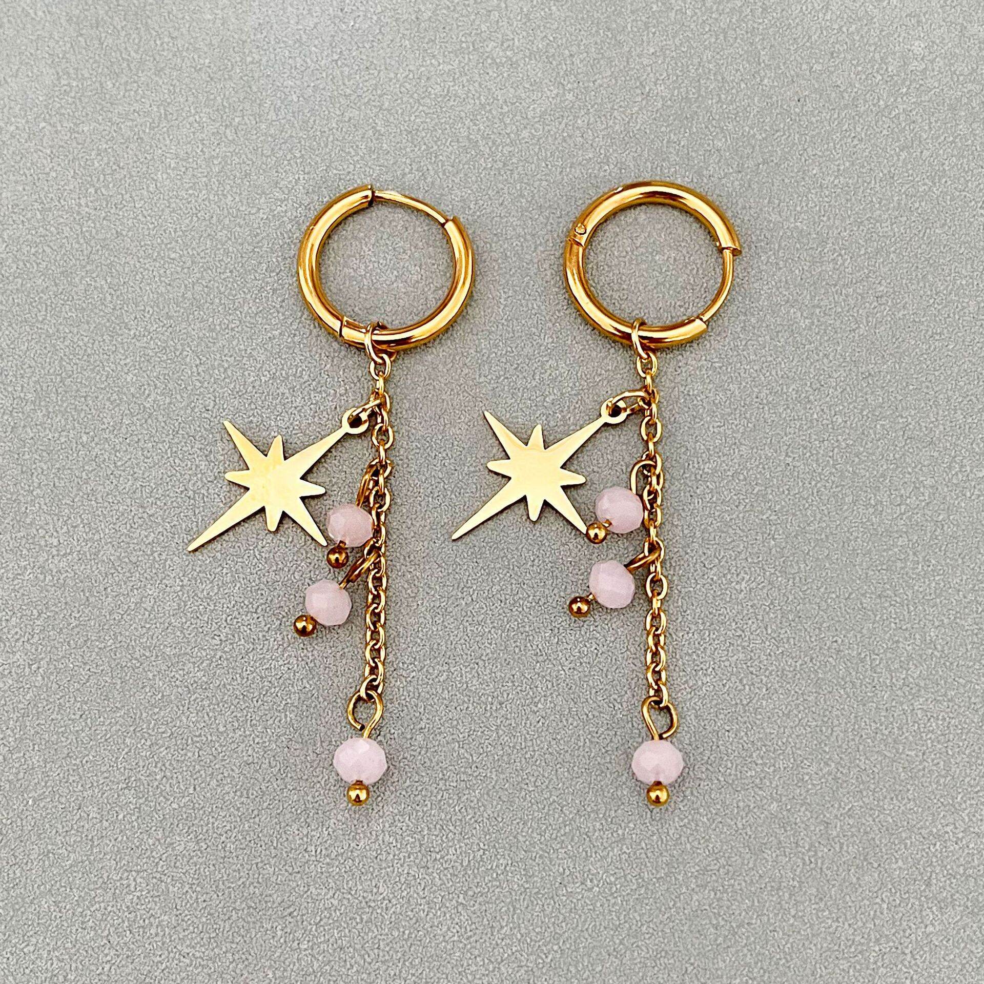 Boucles d'oreilles pendantes pour femmes, modèle Sweet Tassel Star, en acier inoxydable, étanches, couleur or, de la collection Simple Series. 