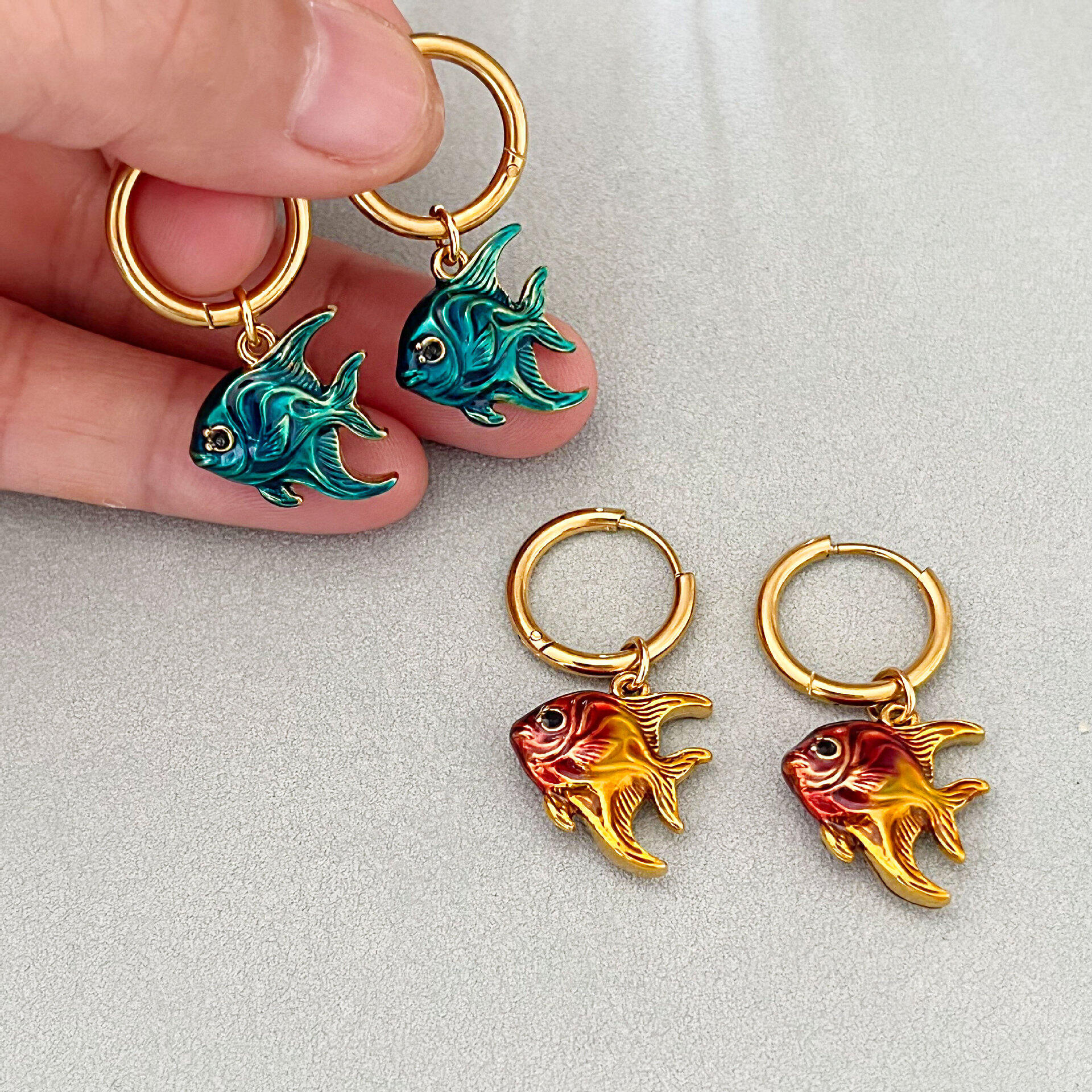 Boucles d'oreilles pendantes rétro en acier inoxydable, couleur or, pour femme, motif poisson h5 Image3