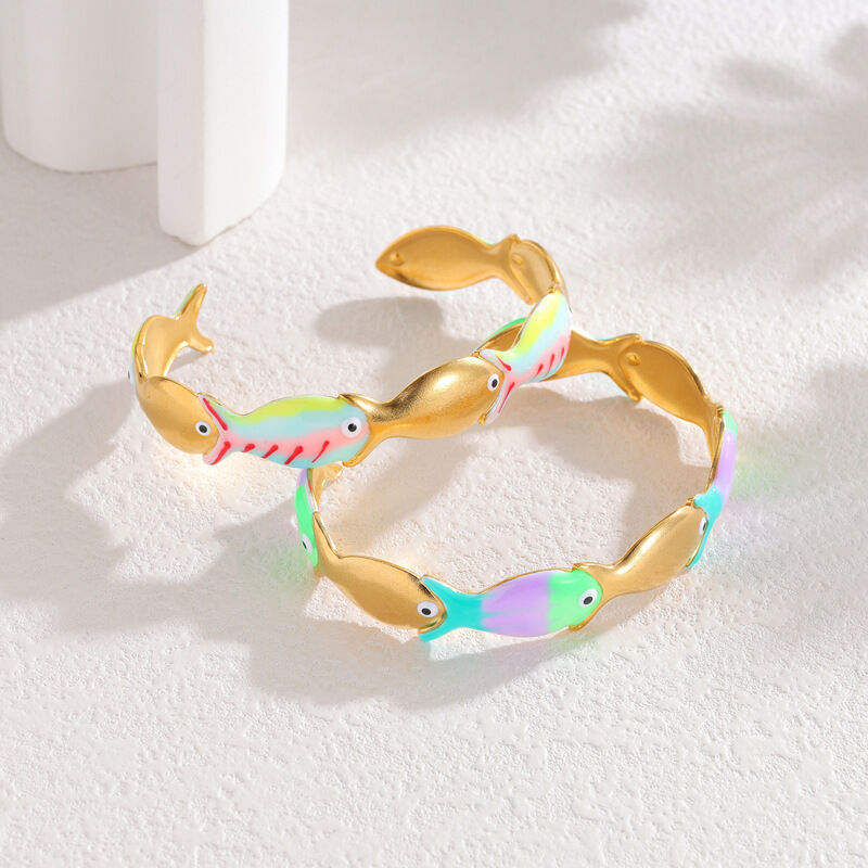 Vacation Oceanic Style Enamel Fish Stainless Steel Waterproof Gold Color Women's Cuff Bracelets h5 Picture2