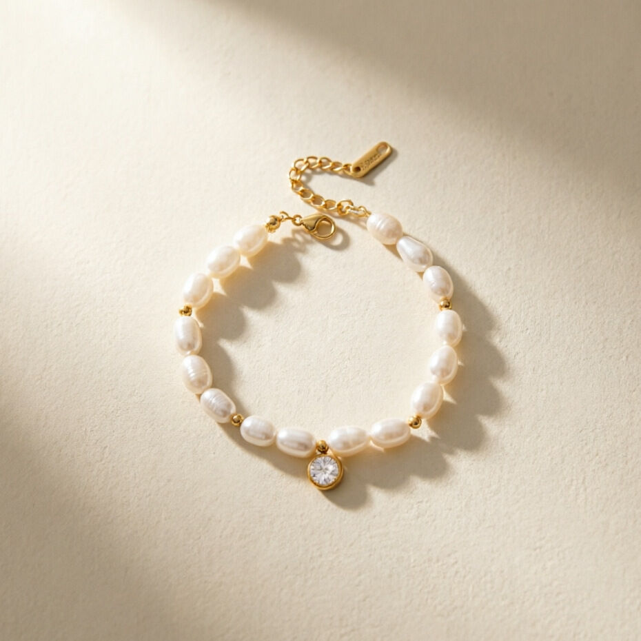 Elegante Perlenkette aus Edelstahl, wasserdicht, goldfarben, Damen-Perlenarmband der Romantischen Serie h5Bild4