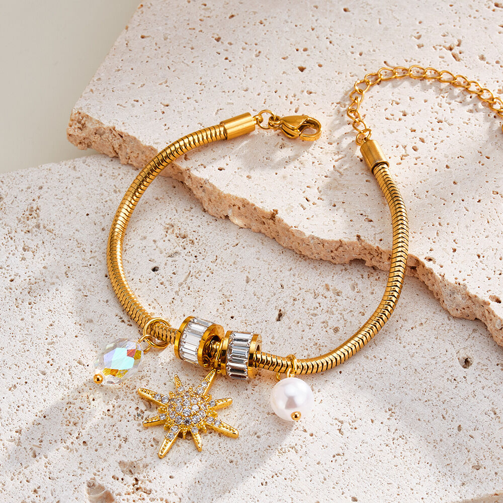 Luxe serie casual zonneketting, roestvrij staal, waterdicht, goudkleurig, damesarmbanden met bedeltjes h5 Afbeelding3