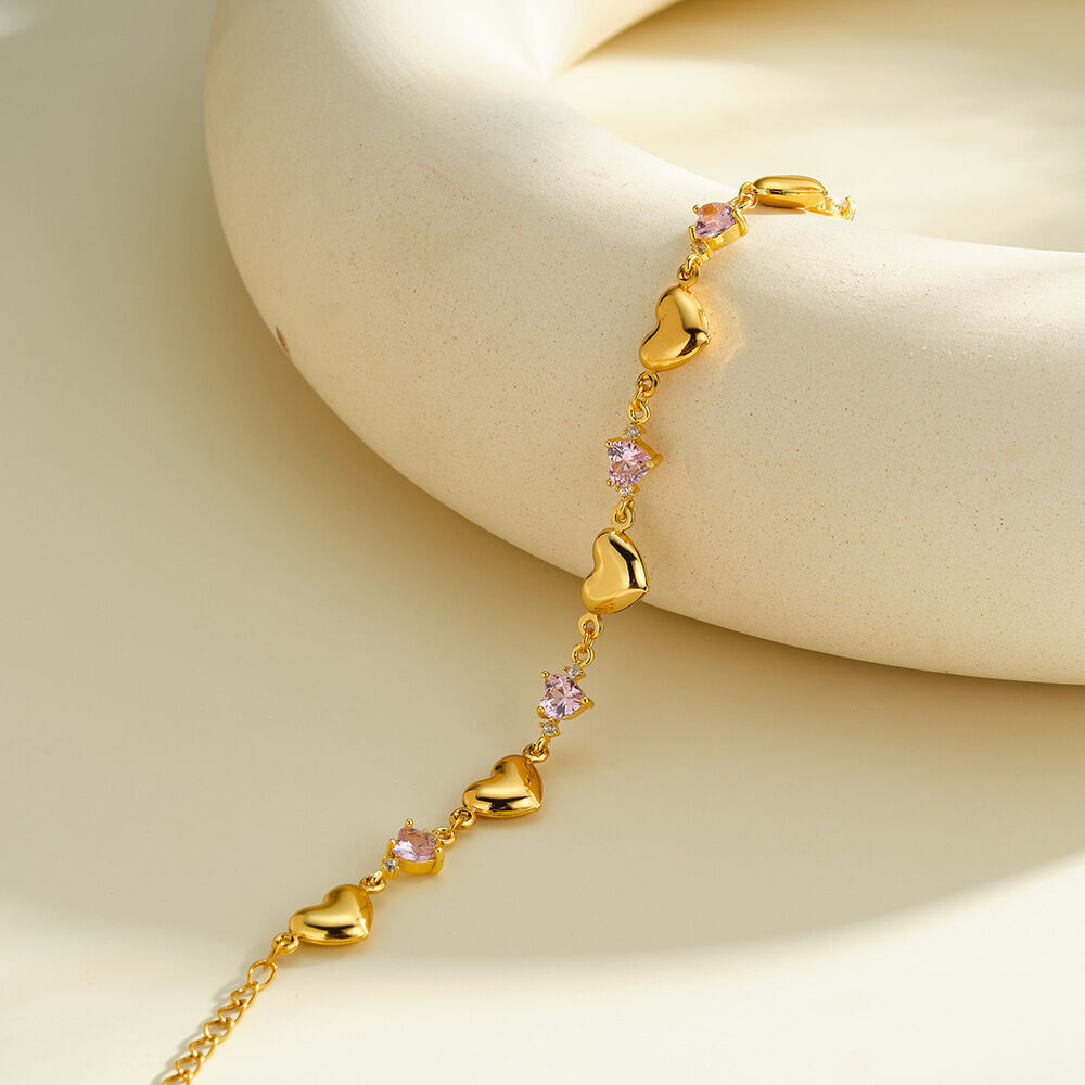 Pulseras de cadena para mujer de acero inoxidable con circonitas doradas, diseño de corazón patchwork y estilo romántico, resistentes al agua. h5 Imagen2