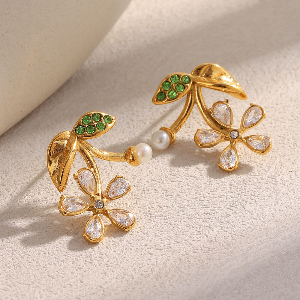 Luxurious Series Sweet Cherry Stainless Steel Waterproof Gold Color Zircon Women's Stud Earrings Picture2