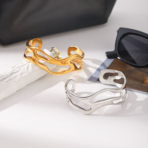Simple Series Daily Hollowed-Out Lines Stainless Steel Waterproof Gold Color Women's Bangles h5 Picture3