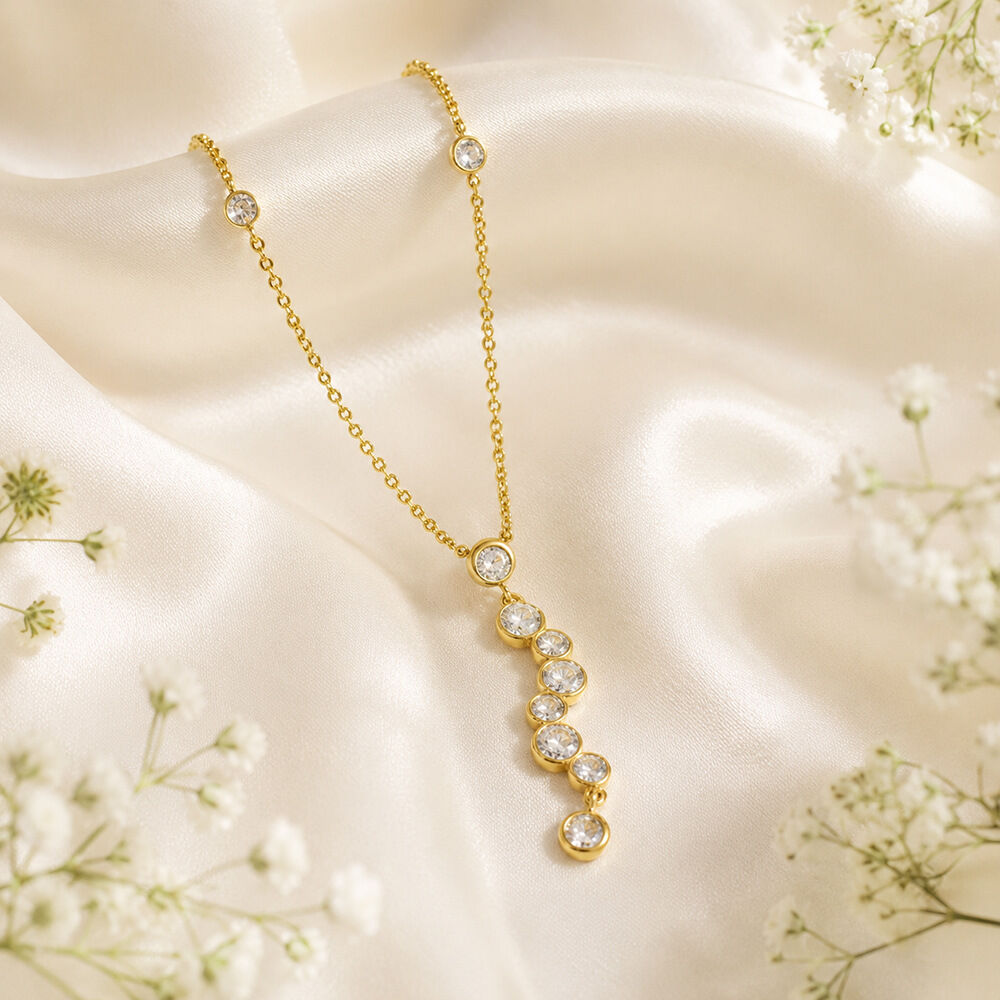 Schlichte, elegante, unregelmäßig geformte Kette aus Edelstahl, wasserdicht, goldfarben, mit Zirkonia-Fassung Bild2