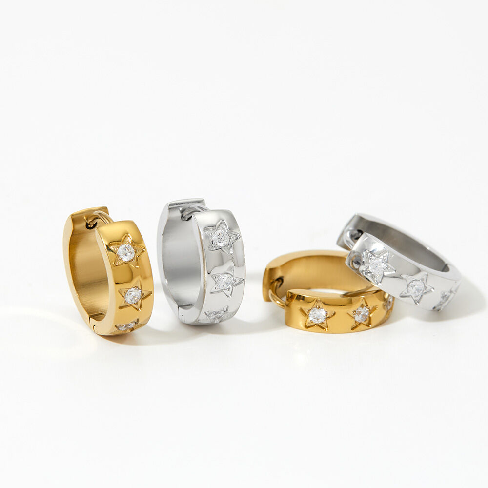 Simple Series Star Stainless Steel Waterproof Gold Color Rhinestone Women's Hoop Earrings h5 Picture3