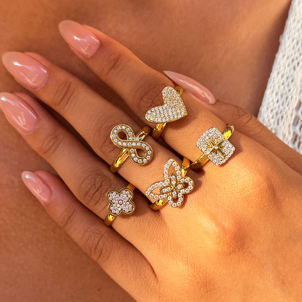 Daily Irregular Shape Heart Clover Butterfly Stainless Steel Waterproof Gold Color Women's Statement Rings h5Picture2