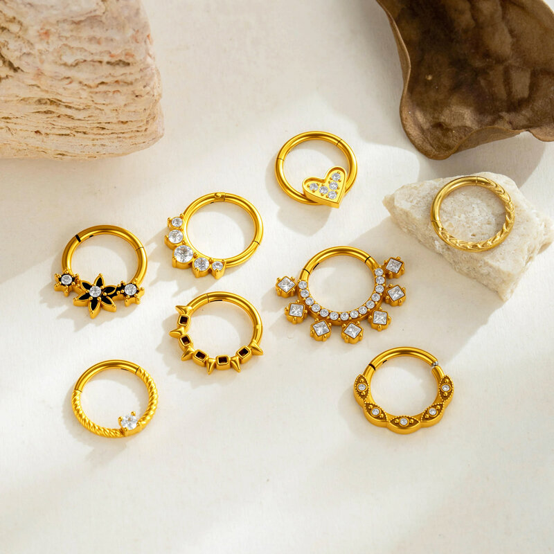 Piercing de nariz sencillo con forma de corazón de flor, de acero inoxidable, resistente al agua, color dorado y circonita, para mujer. Imagen6