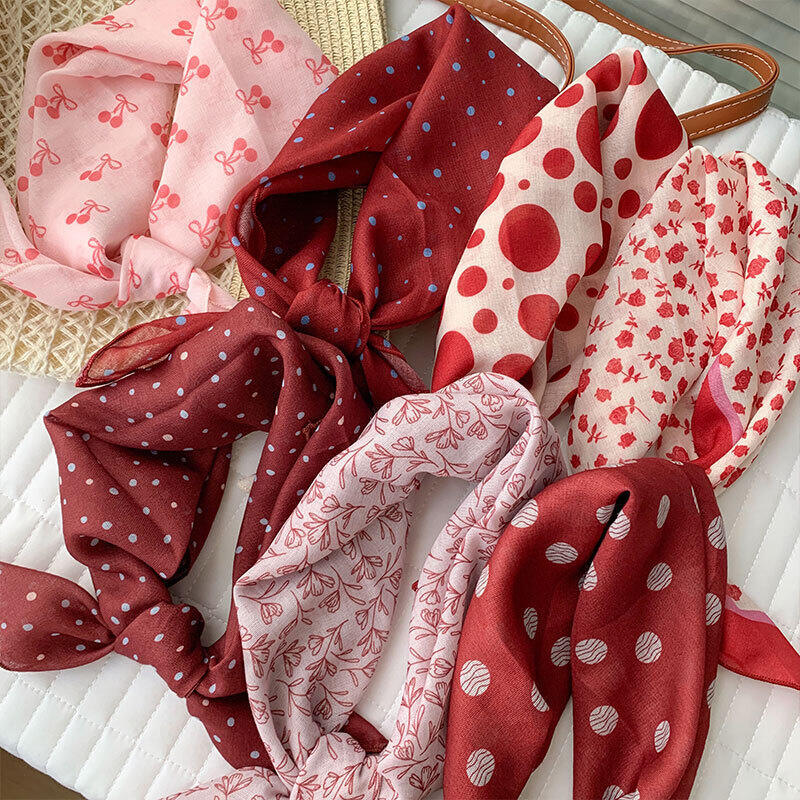 Romantische serie: Zoete bloemenstrik, stippen, kersenkleurige polyester zomersjaals h5Afbeelding2
