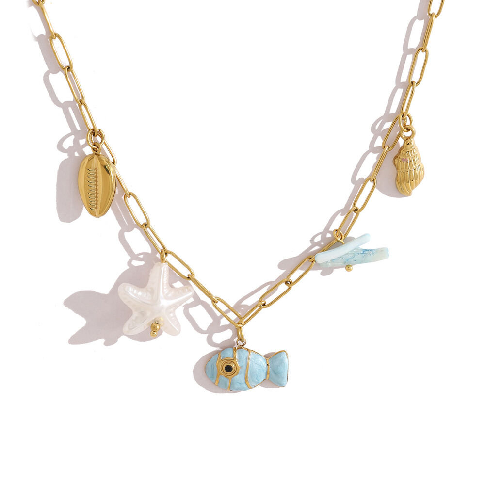Vacation Oceanic Style Enamel Fish Stainless Steel Waterproof Gold Color Women's Pendant Necklaces h5Picture4