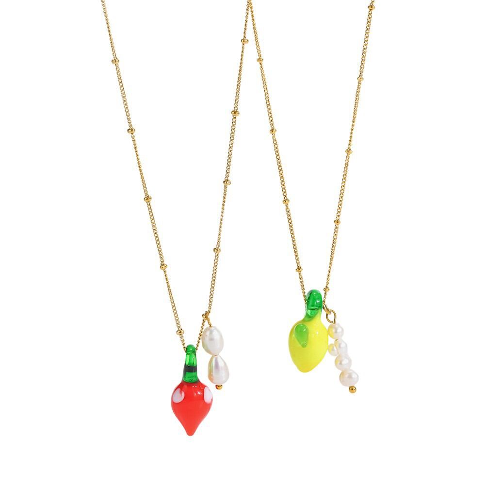 Glaze Fruit Stainless Steel Waterproof  Gold Color Pearl Women's Pendant Necklaces Picture5