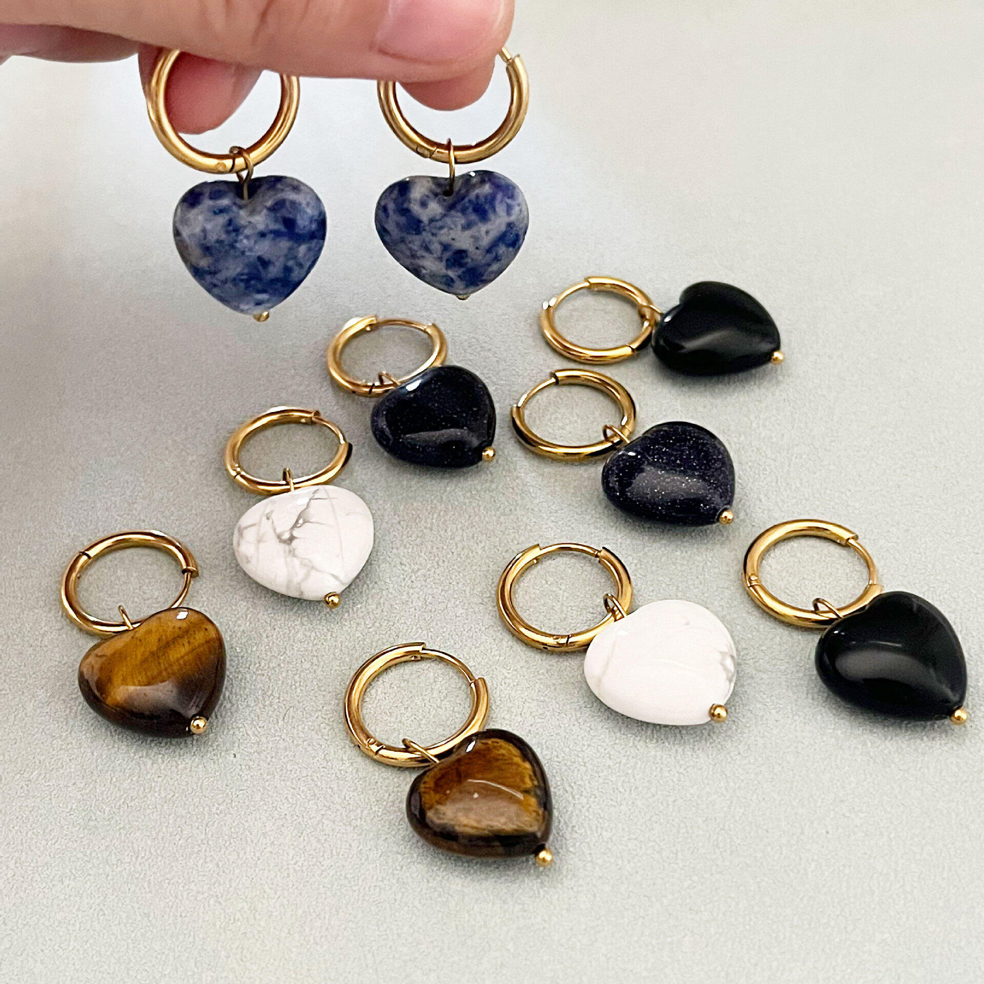 Simple Heart Natural Stones Women's Drop Earrings