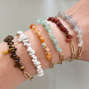 Simple Series Retro Beads Chain Stainless Steel Waterproof   Gold Color  Natural Stone Women's Beaded Bracelets h5 Picture4