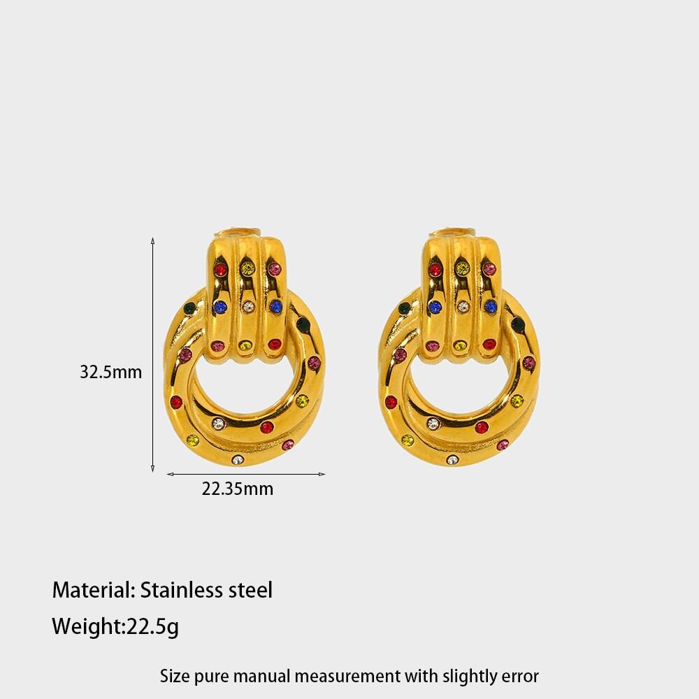 Simple Series Daily Polka Dots Ellipse Shape Stainless Steel Waterproof   Gold Color  Zircon Women's Stud Earrings 