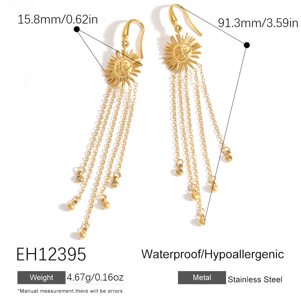 Boucles d'oreilles pendantes pour femmes, en acier inoxydable imperméable, couleur or, avec pompon soleil et strass. h5 