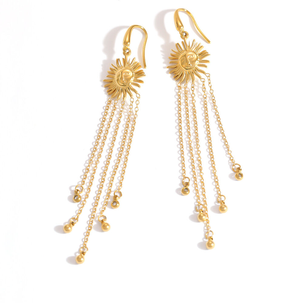Boucles d'oreilles pendantes pour femmes, en acier inoxydable imperméable, couleur or, avec pompon soleil et strass. h5 Image5