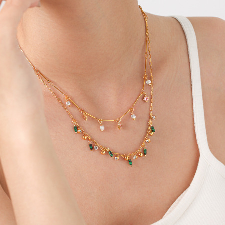 Simple Daily Tassel Rectangle Stainless Steel Waterproof   Gold Color  Zircon Women's Pendant Necklaces