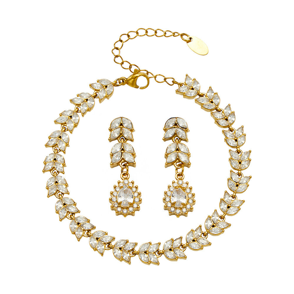 Luxurious Series Elegant Leaf Stainless Steel Waterproof   Gold Color  Zircon Women's Jewelry Sets Picture4