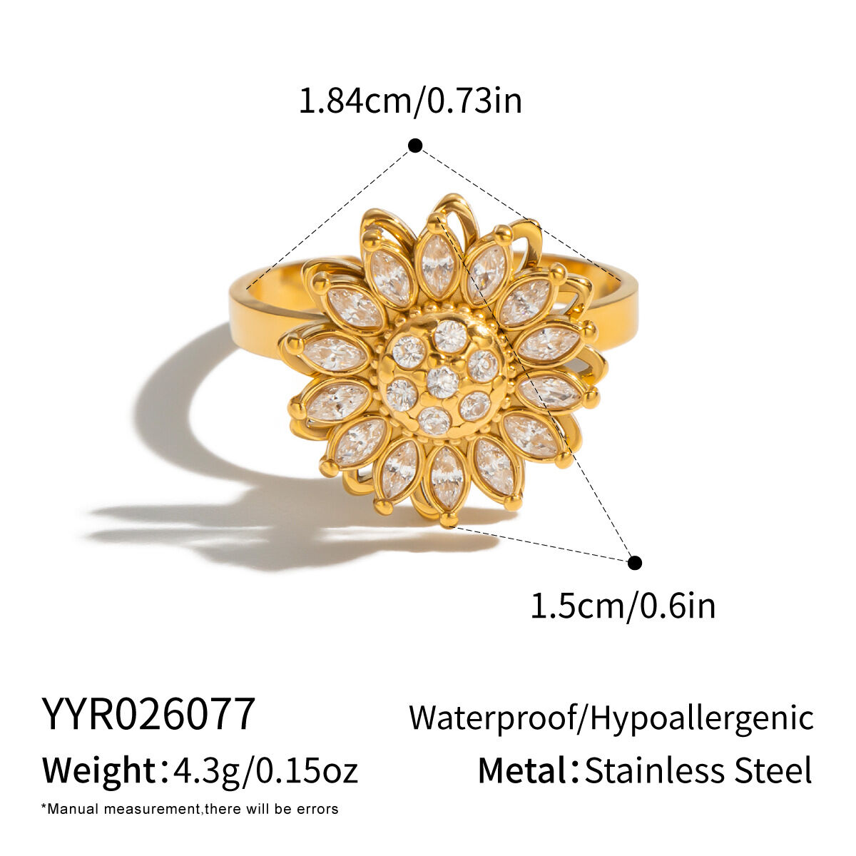 Luxury Series Flower Stainless Steel Waterproof Gold Color Zircon Gemstone Rings h5 