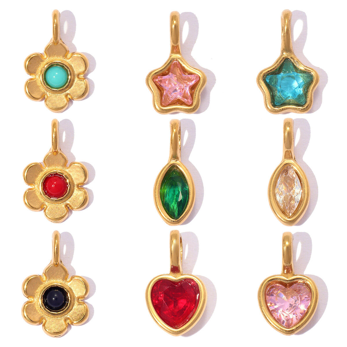 Colgantes sencillos de acero inoxidable con forma de flor, estrella y elipse, resistentes al agua, color dorado y circonita, para mujer. Imagen4