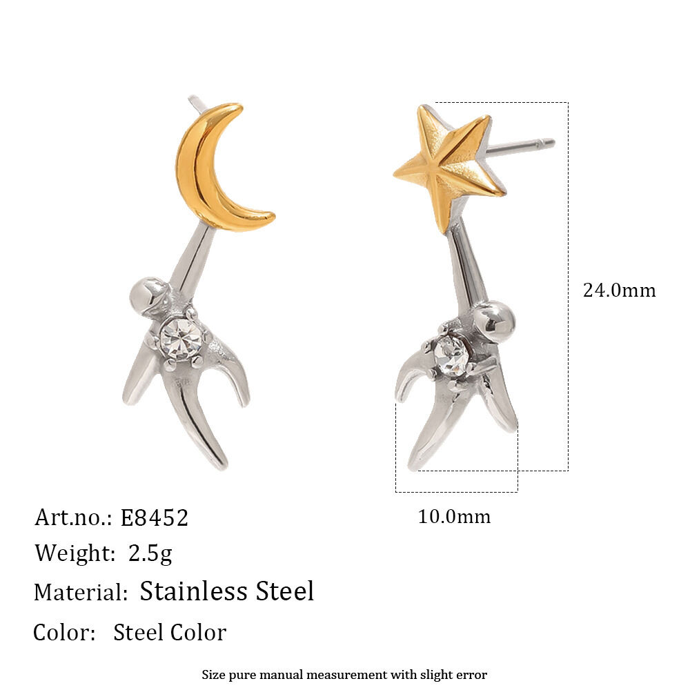 Star Stainless Steel Waterproof Gold Color Rhinestone Women's Stud Earrings 