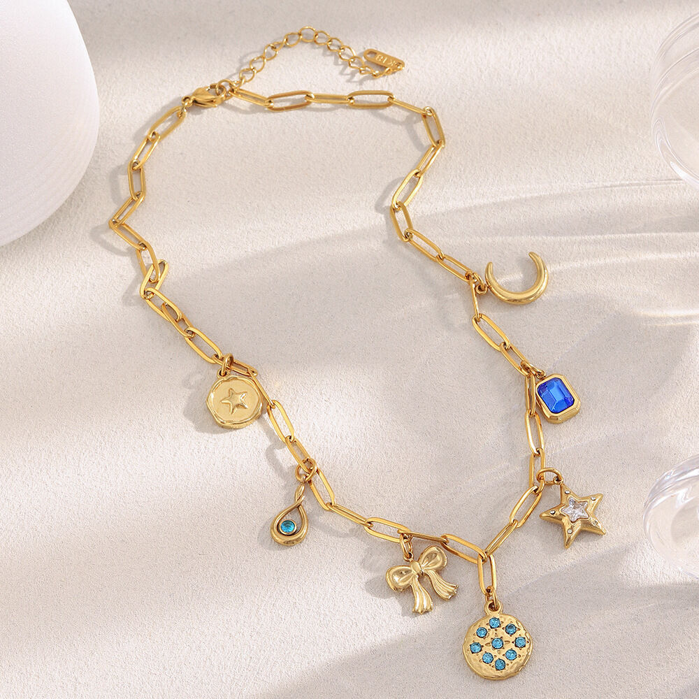 Bow Knot Star Moon Stainless Steel Waterproof Gold Color Zircon Women's Pendant Necklaces h5Picture4