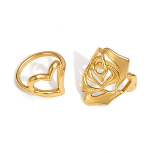 Romantic Series Retro Flower Heart Stainless Steel Waterproof Gold Color Statement Rings h5 Picture5