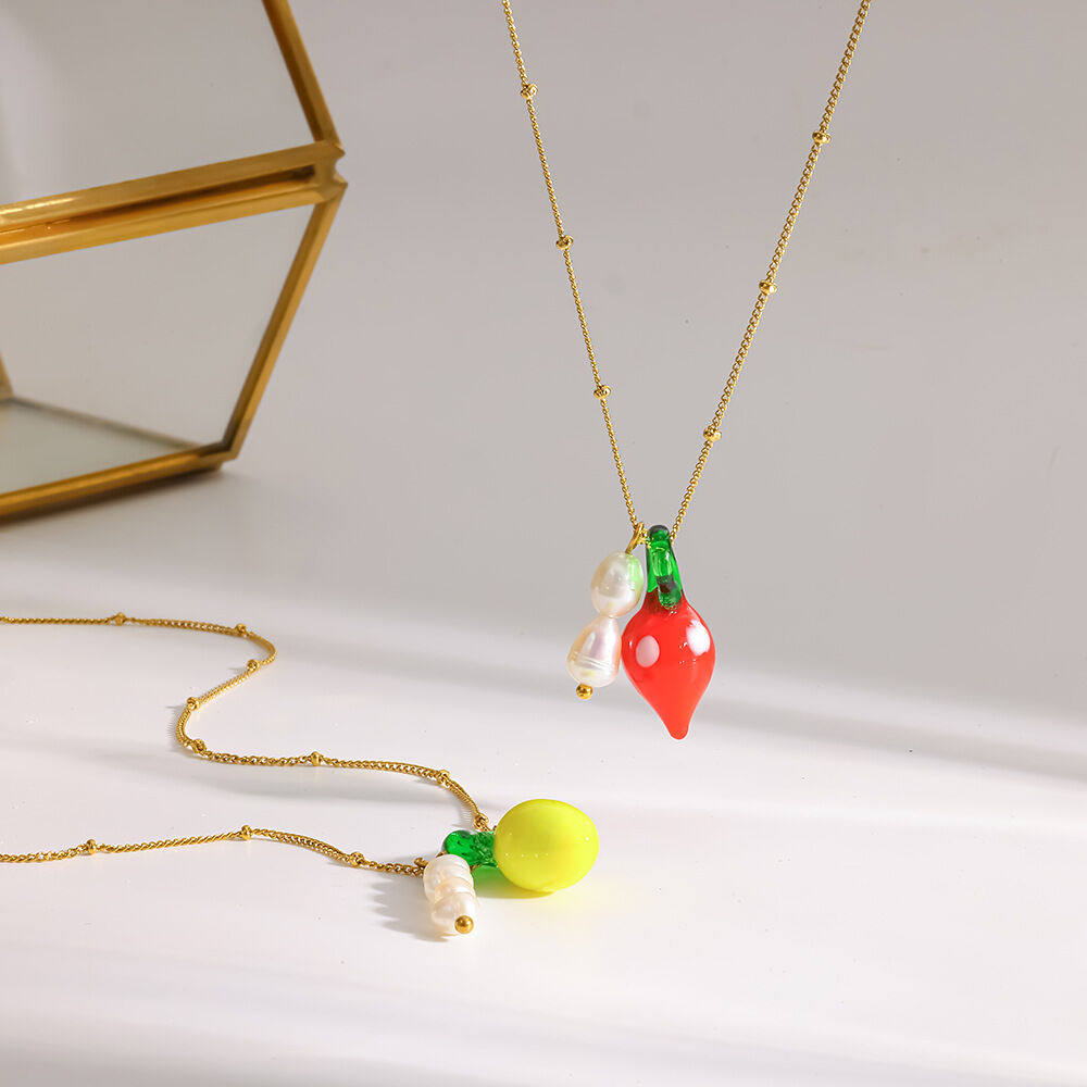 Glaze Fruit Stainless Steel Waterproof  Gold Color Pearl Women's Pendant Necklaces Picture2