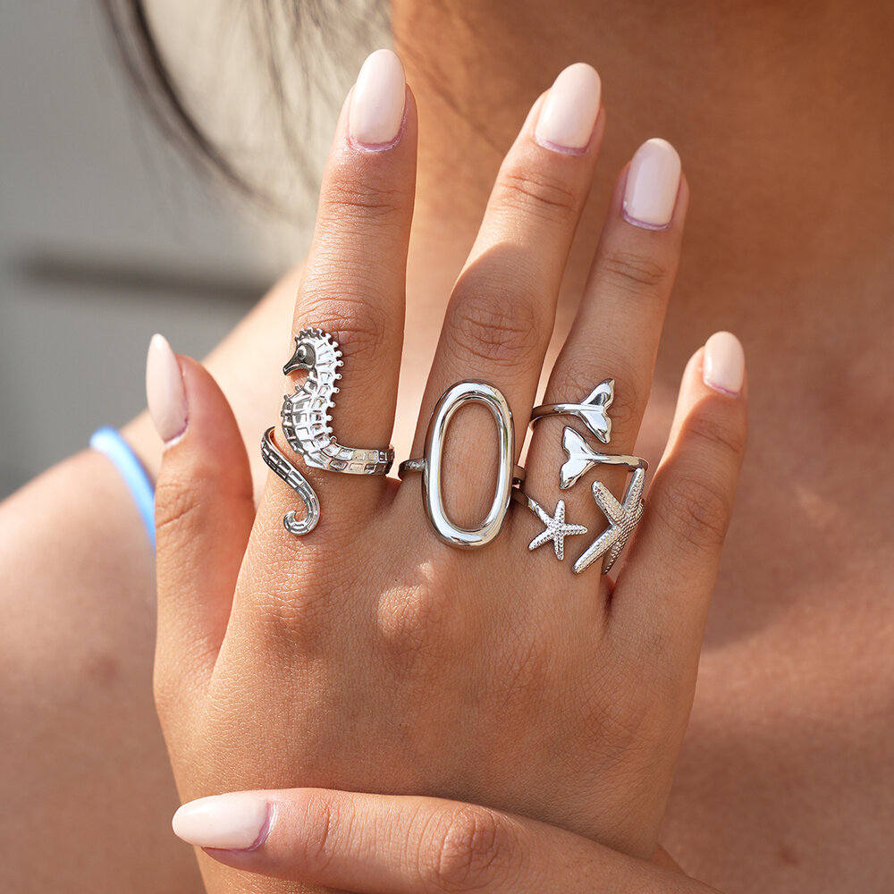Bague femme Simple Series Daily, forme irrégulière, poisson et étoile de mer, en acier inoxydable étanche. h5Image3