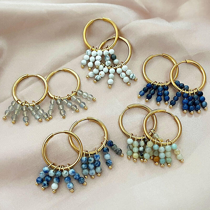 Pendientes colgantes para mujer con borlas, cuentas, piedras naturales, acero inoxidable, resistentes al agua y color dorado.