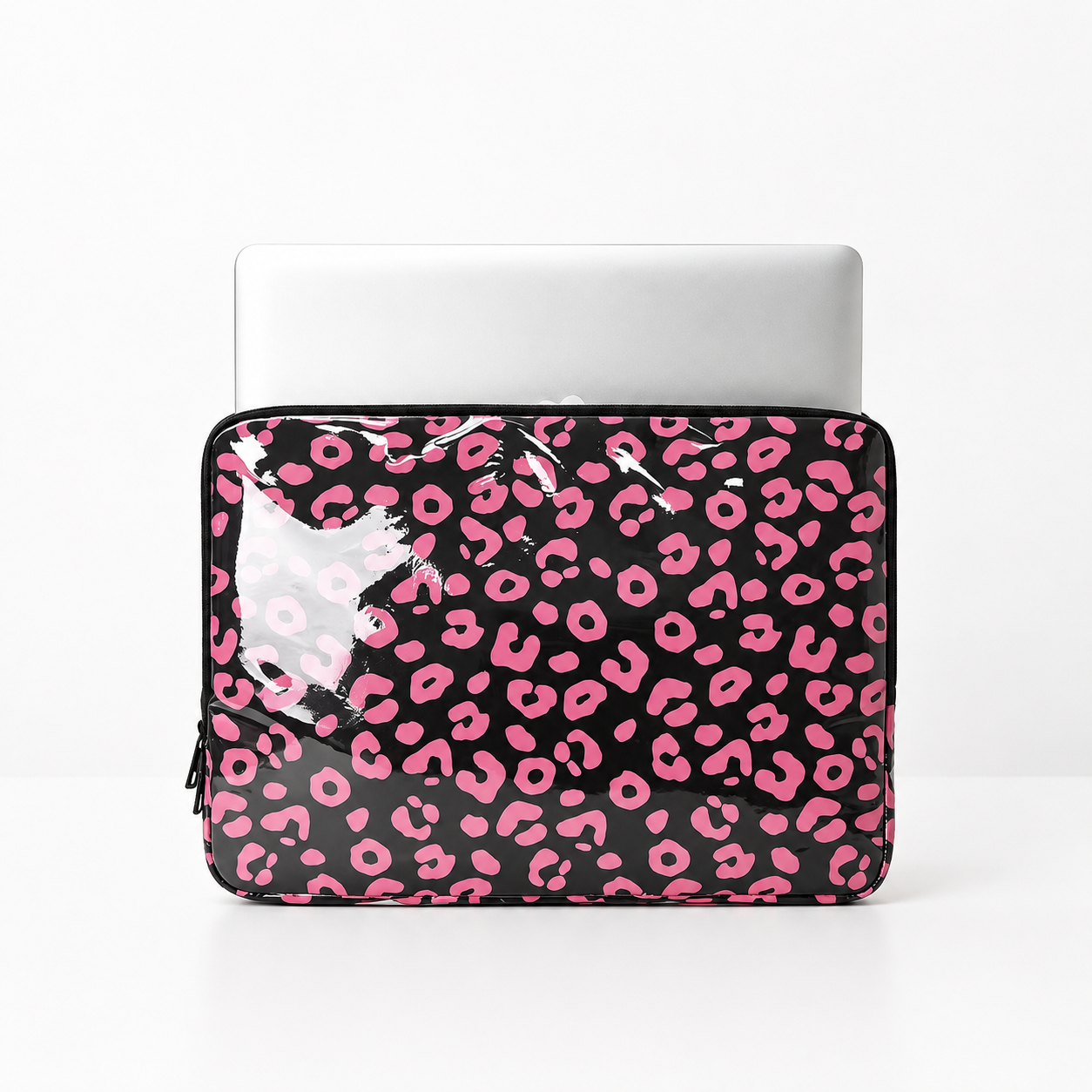Bolso para ordenador de PVC con detalle de lazo de estilo casual, estampado de leopardo y cerezas.