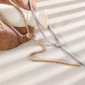 Luxurious Simple Rectangle Stainless Steel Waterproof Gold Color Zircon Women's Pendant Necklaces h5 Picture3