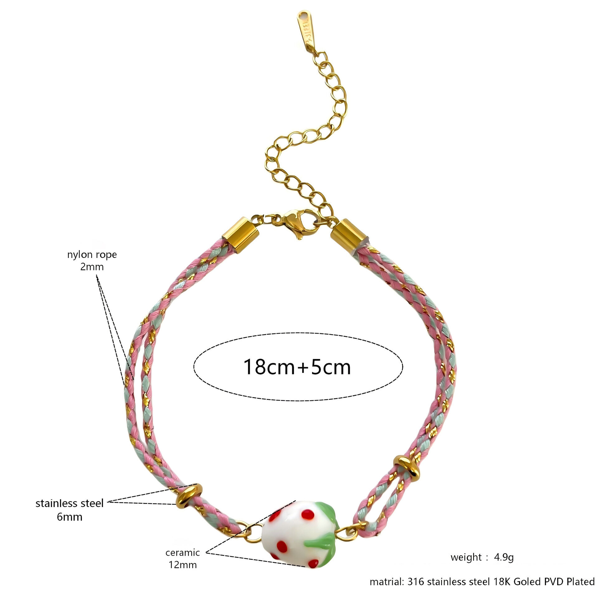 Pulseras trenzadas de mujer con diseño de fresas y cuerda dorada, ideales para vacaciones. h5 