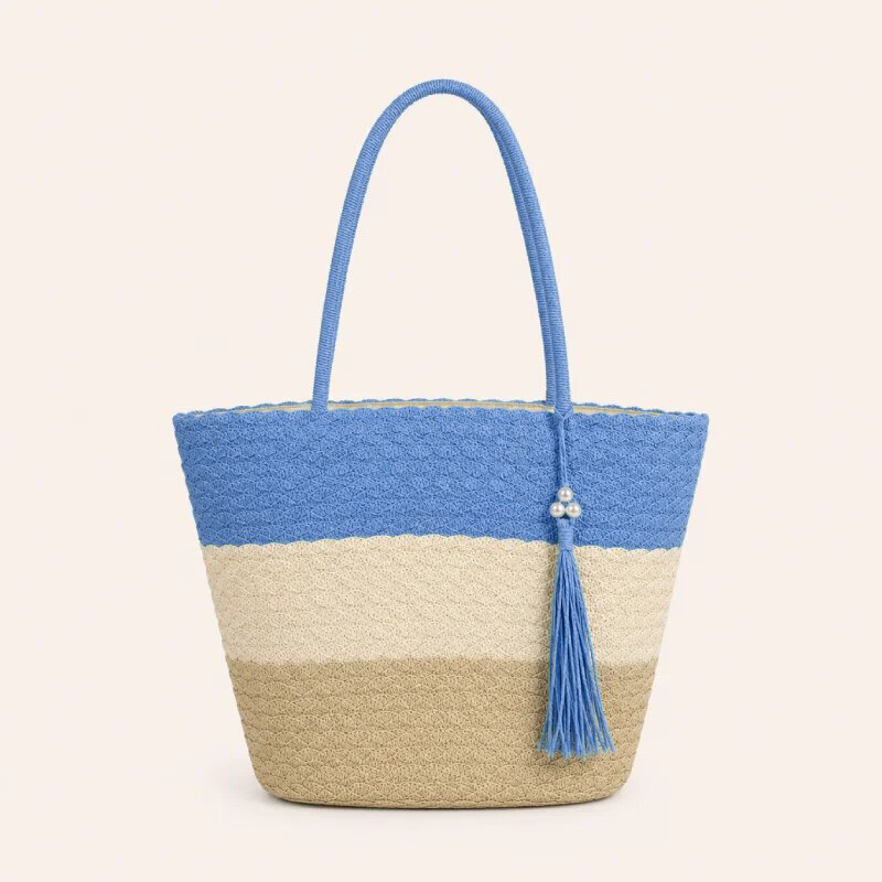 Borsa trapezoidale da donna in rafia intrecciata, stile vacanza, con nappe e righe, colori misti.