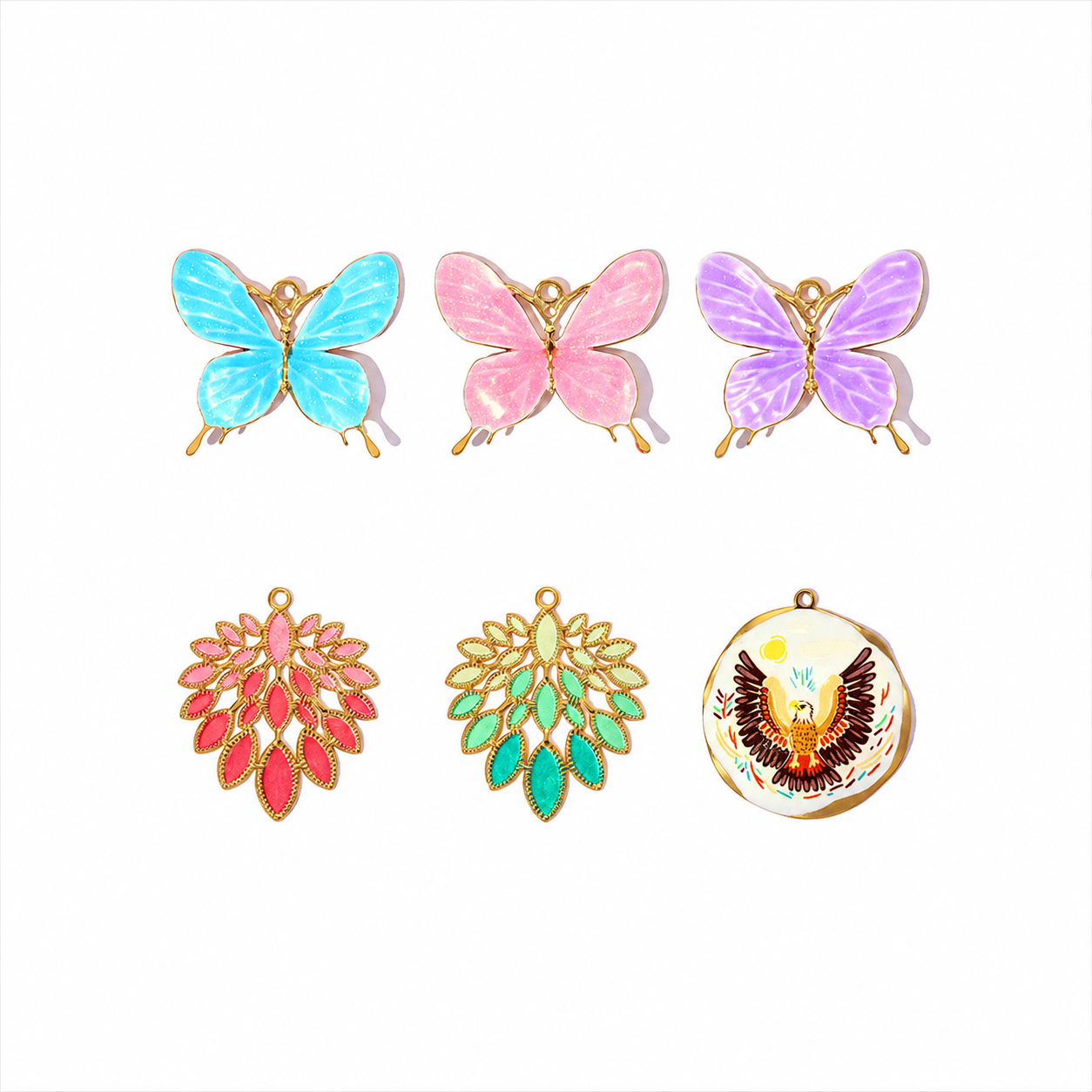 Colgantes de lujo para mujer con diseño de mariposa y hojas, de acero inoxidable, resistentes al agua y color dorado, de la serie DIY.
