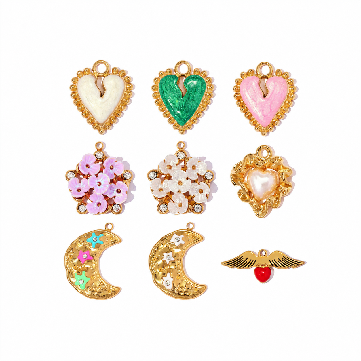Colgantes de lujo para mujer de la serie DIY con diseño de flor, corazón y luna, de acero inoxidable, resistentes al agua y color dorado.