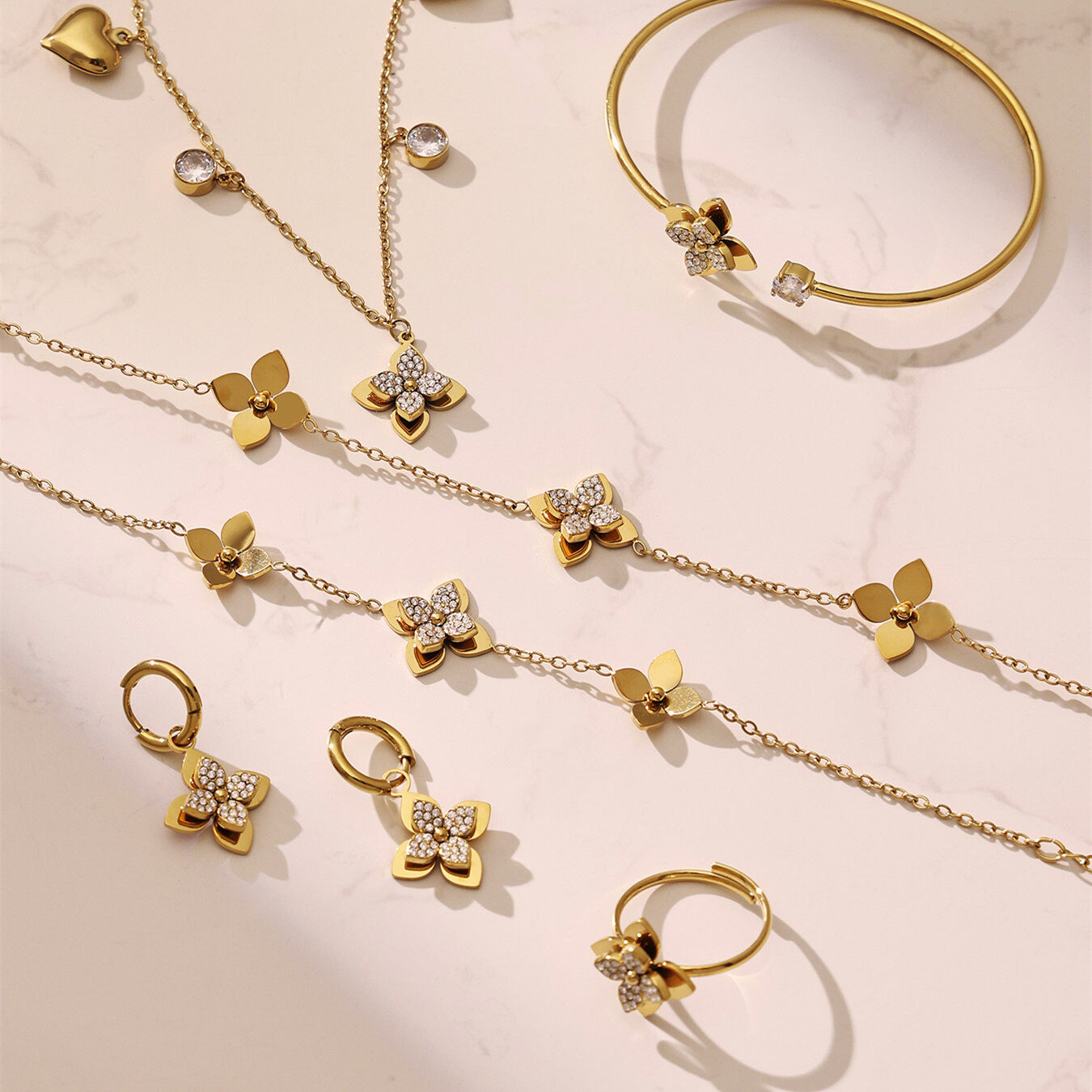 Romantic Series Sweet Flower Stainless Steel Waterproof   Gold Color  Zircon Women's Jewelry Sets