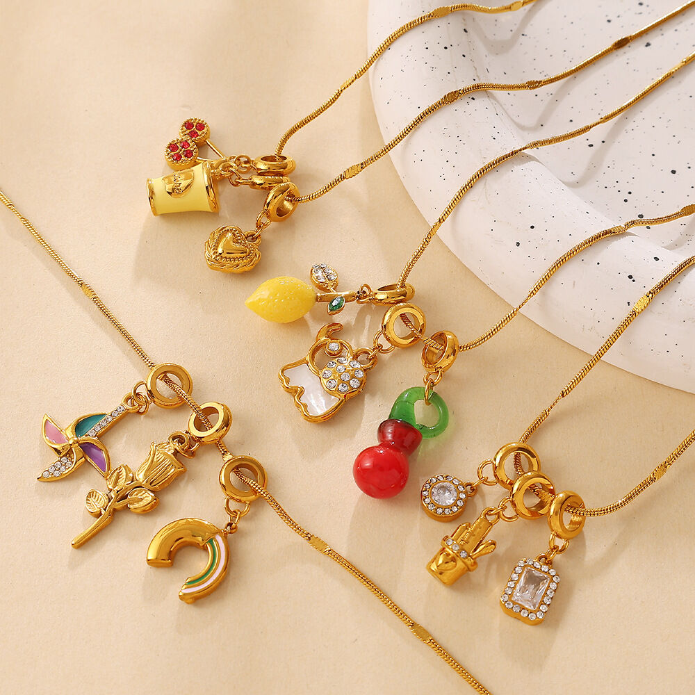 Stainless Steel Waterproof Gold Color Rhinestone Artificial Pearl Women's Pendant Necklaces