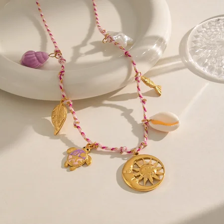 Romantic Sun Shape Oceanic Stainless Steel Waterproof Gold Color Shell Women's Braided Necklaces