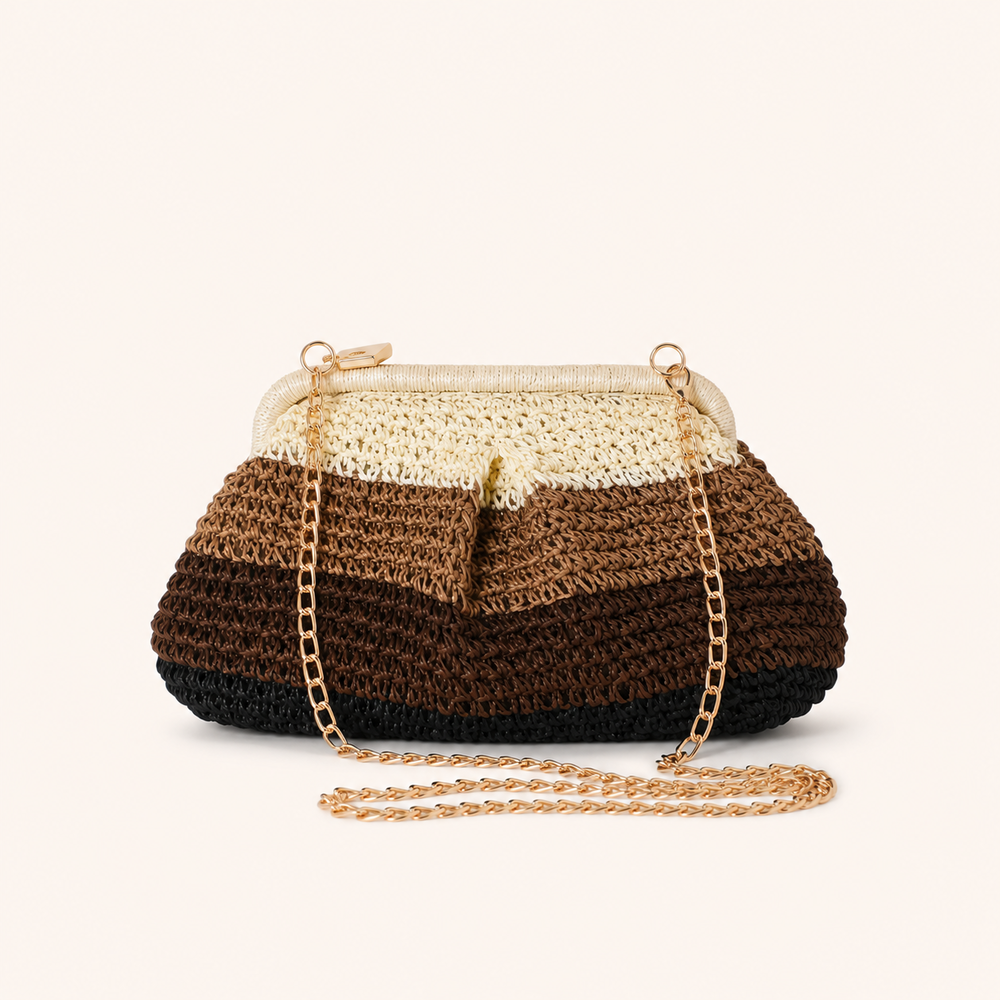 Kissenbeutel für Damen im lässigen Stil: Gewebter Streifen, durchbrochene Muster, mehrfarbiges, gewebtes Raffia-Material. h5Bild2