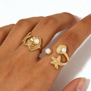 Vakantie Oceanische Stijl Roestvrijstalen Waterdichte Gouden Statement Ringen met Kunstparel h5 Afbeelding2