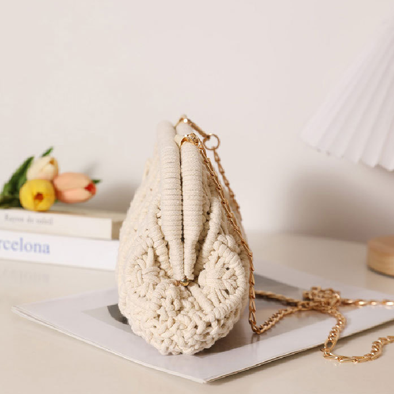 Casual Style Woven Solid Color Hollowed-Out Woven Cotton Women's East-west Bag h5Picture4
