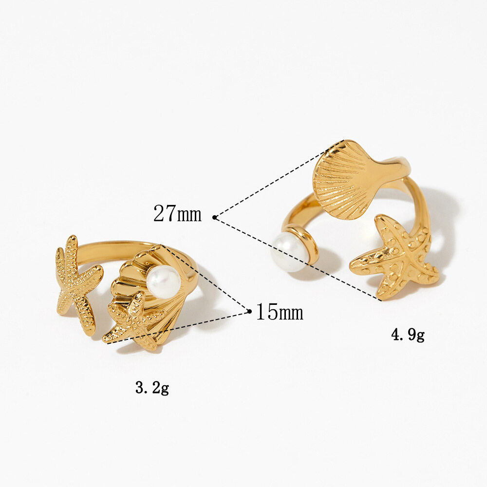 Vakantie Oceanische Stijl Roestvrijstalen Waterdichte Gouden Statement Ringen met Kunstparel h5Afbeelding5