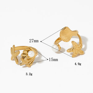 Vakantie Oceanische Stijl Roestvrijstalen Waterdichte Gouden Statement Ringen met Kunstparel h5 Afbeelding5